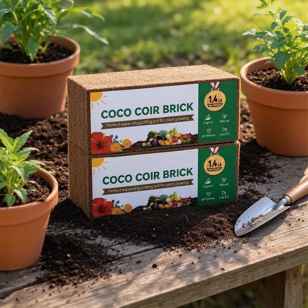 Two coco coir bricks arranged between garden pots and a hand trowel