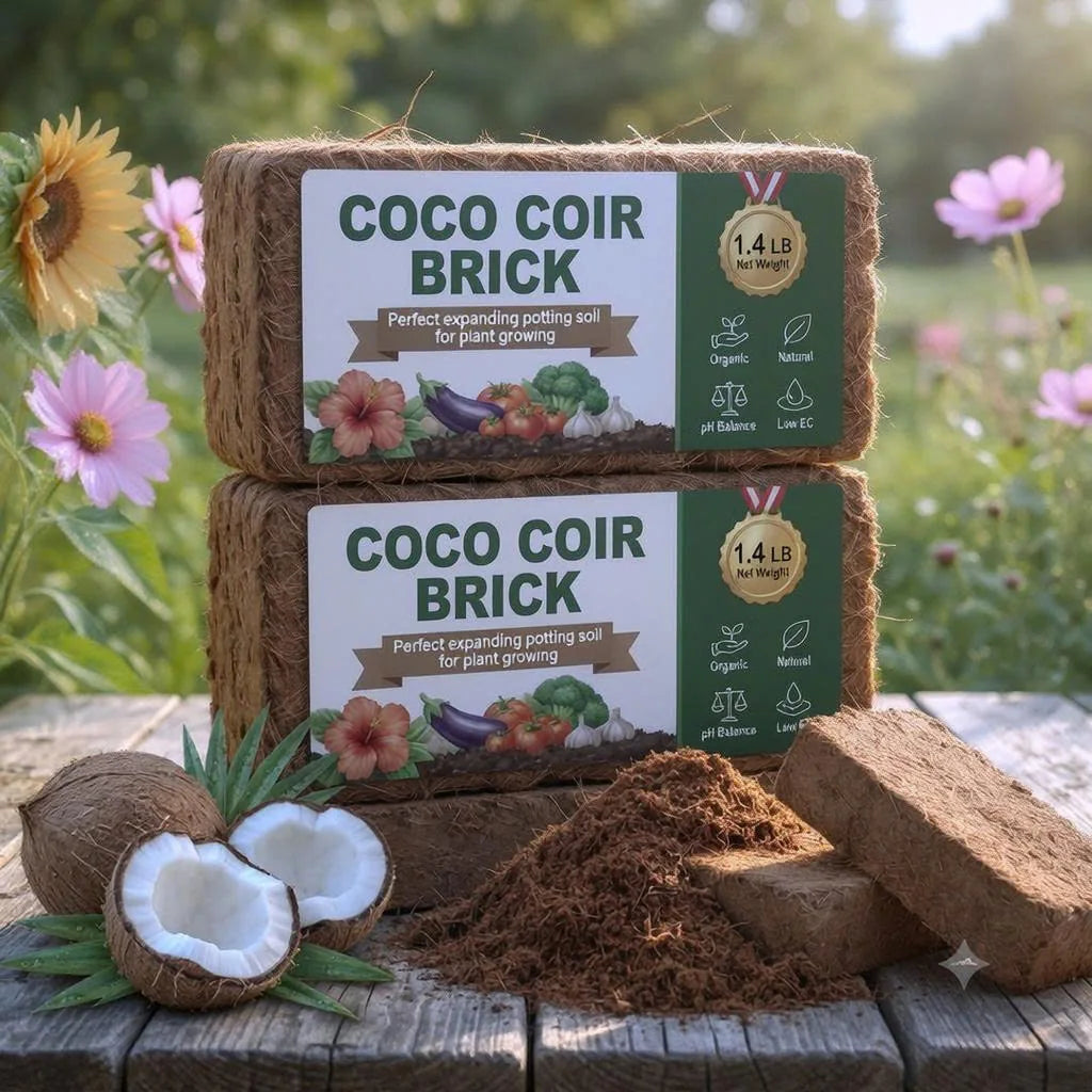 Coco coir bricks, coconut pieces, loose coir, and garden flowers on a wooden table