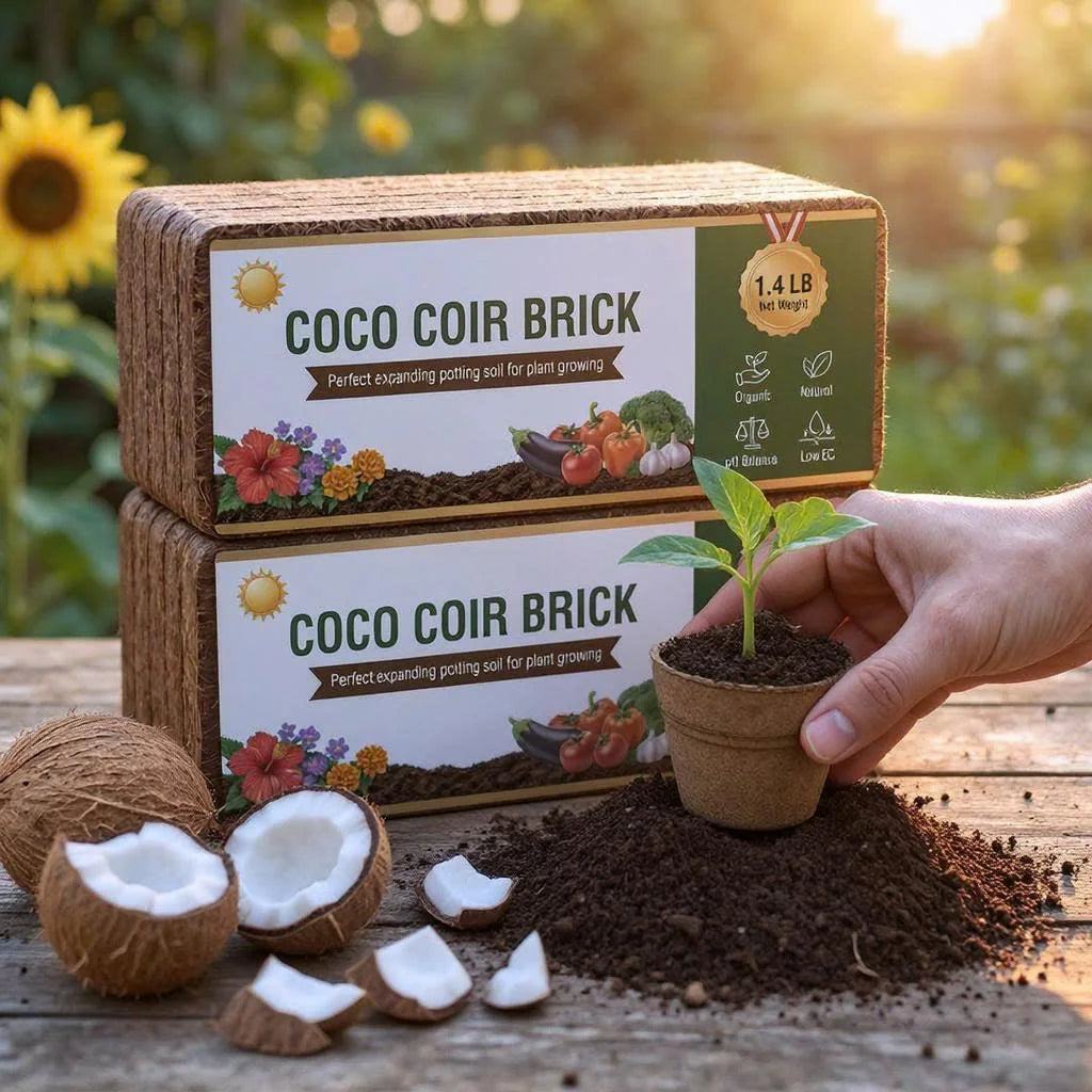 Two coco coir bricks with coconut pieces, loose coir, and a young seedling in warm garden light