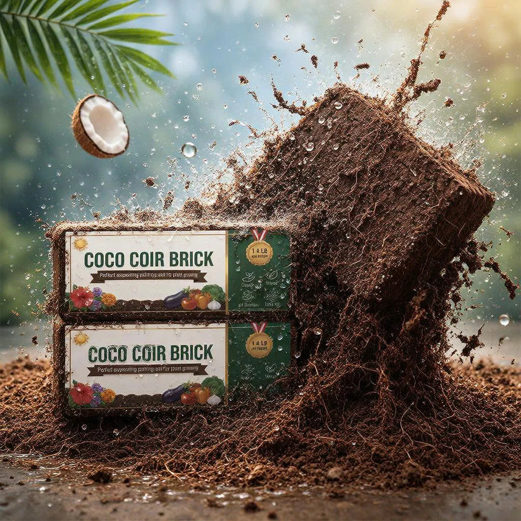 Compressed coco coir expanding into loose, fluffy growing fiber