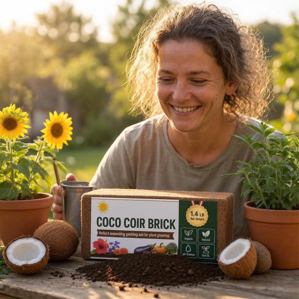 A home gardener caring for potted plants with Varethorn coco coir